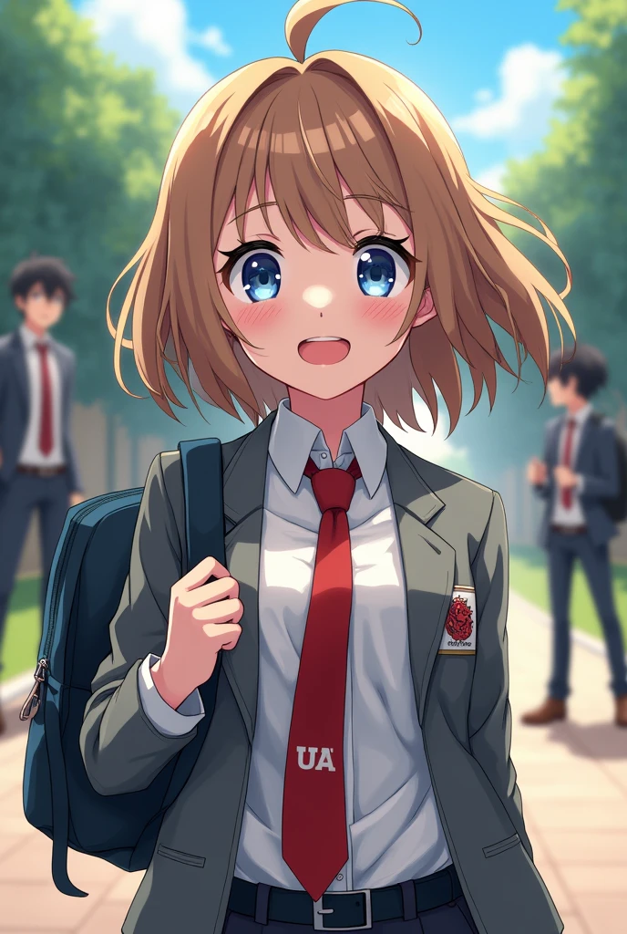 Girl with beautiful light brown hair and light blue eyes with a cheerful expression wearing a UA uniform (my hero academia) (The uniform is a white shirt over a grey jacket and a red tie in the background, a UA class) From my hero academia behind her is izuku midoriya and jiggle kirishima and she is carrying a backpack 


