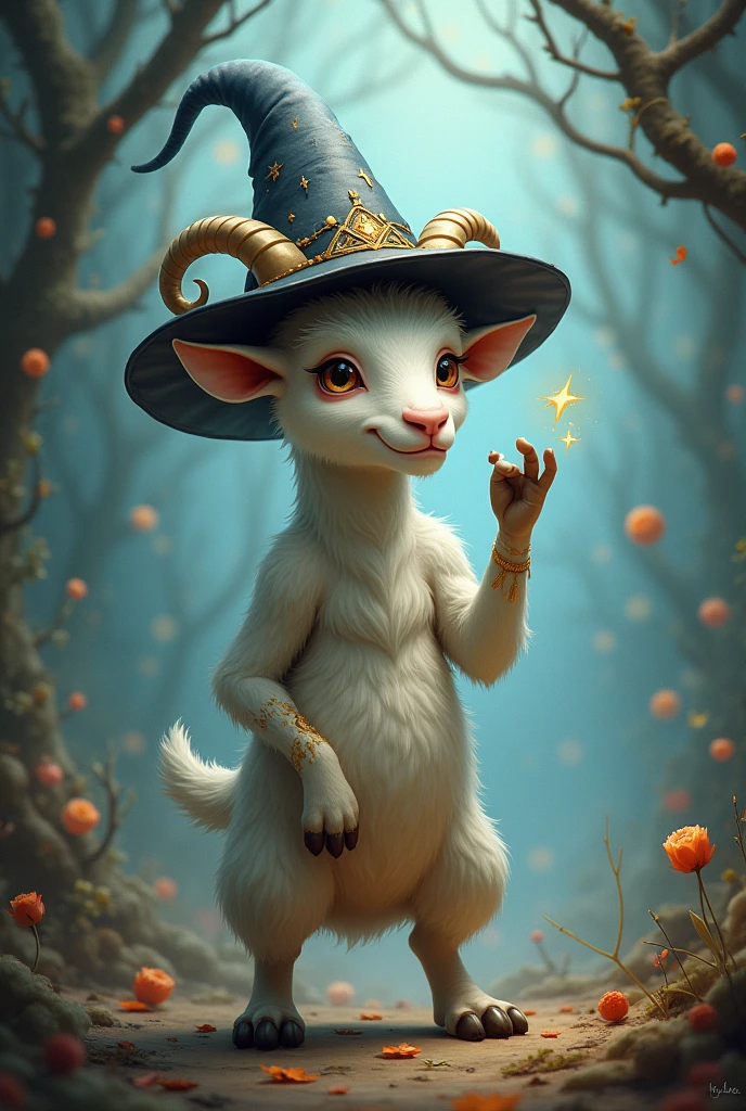 Uma cabrito com chifre fazendo sinal de silencio com a pata na boca e com chapeu se bruxo