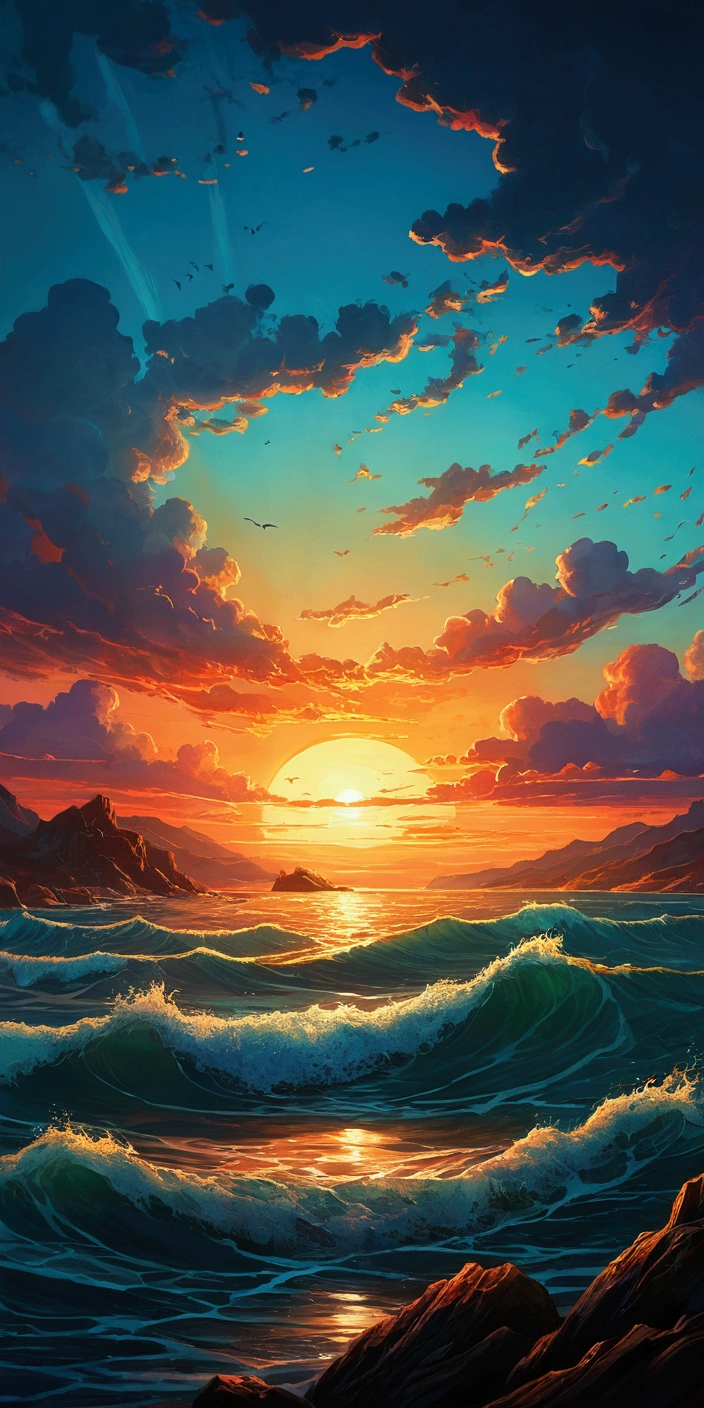 painting of a sunset over a body of water with waves, sunset illustration, beautiful art uhd 4 k, inspired by Cyril Rolando, highly detailed digital painting, fantasy sea landscape, cyril rolando and m.w kaluta, cyril rolando and m. w kaluta, 4k highly detailed digital art, very detailed digital painting, detailed painting 4 k