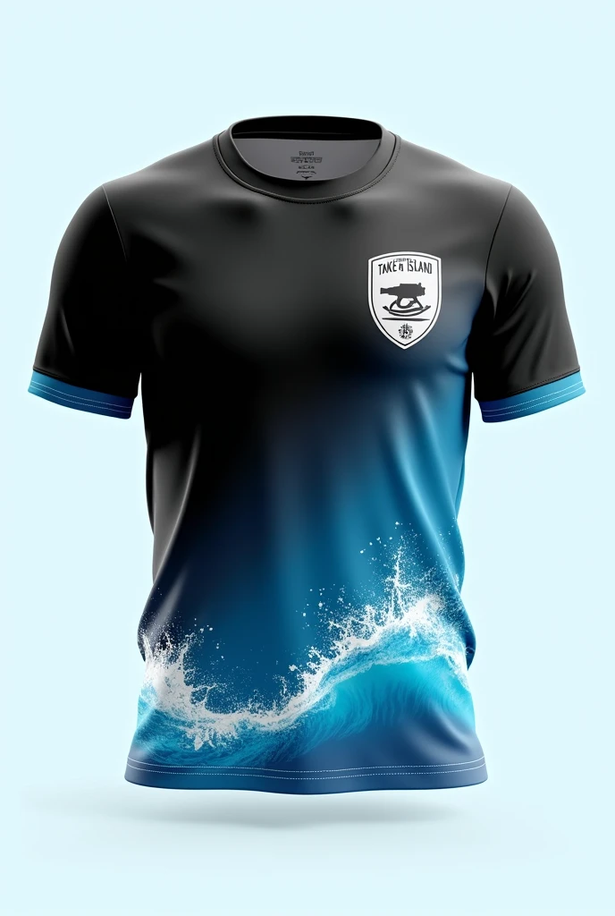 Men's volleyball shirt in black and baby blue with a gradient with a cannon inside the shirt shield on the left side and waves on the lower left side, minimalist leave more time with the shield aside, take the island