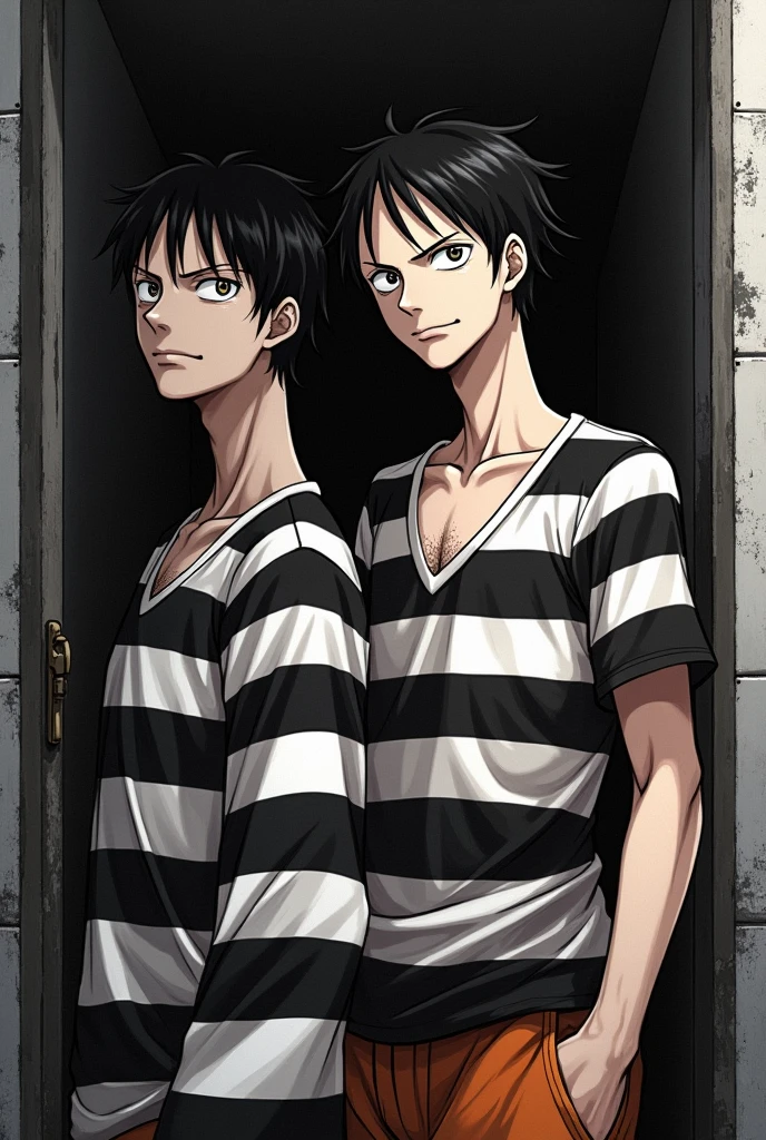 Monkey D. Luffy in a black and white striped long-sleeved prison uniform and Monkey D. .... Luffy in orange prison uniform Original anime One Piece
