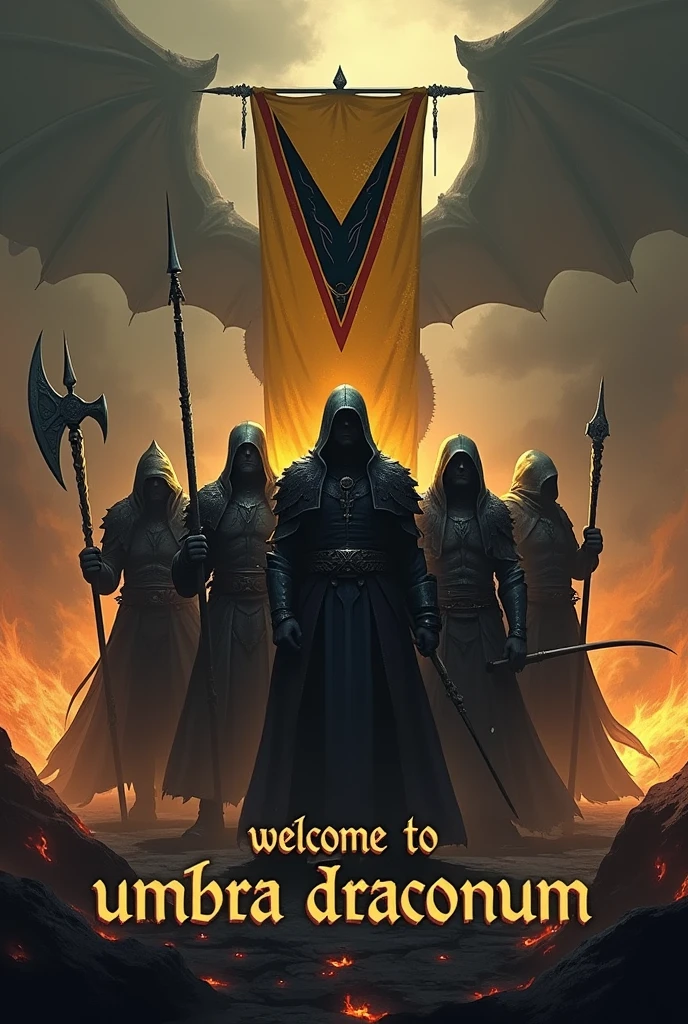 Create me an image with a somber, dark tone for a guild cover.
1. Place at the bottom of the image the following text "Welcome to Umbra Draconum". Centered text, first smaller the "Welcome to" and underneath bigger and more imposing the text "Umbra Draconum".
2. Place 7 warriors in the style of World of Warcraft or Albion Online, wearing clothes in dark tones and weapons such as axes, swords, mage staffs of ice and fire, spears, bows and rods.
3. From the floor must anchor a banner, with a dark yellow flag and a dark red v-shaped line in the middle, and in the center place a full black dragon logo.
4. Place in the background flames rising from the ground in shades of yellow and red, keeping that dark tone.
5. From the bottom of everything should emerge the shadow of an oriental dragon.