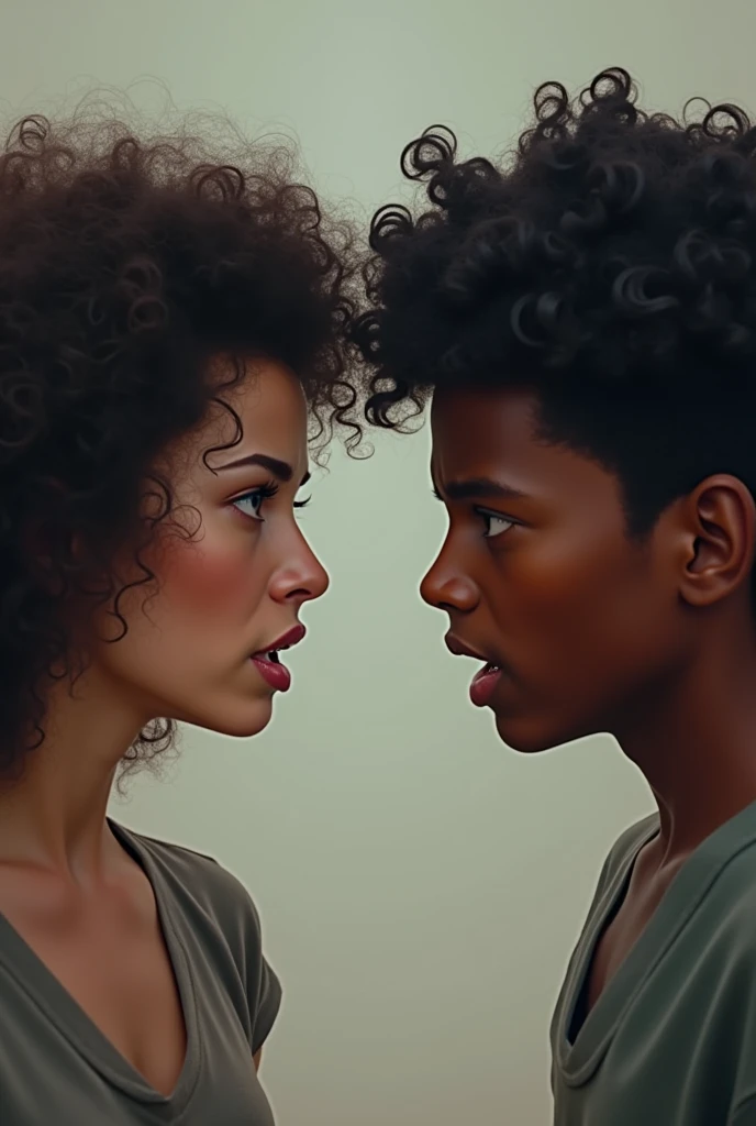 A white woman with curly black hair arguing with a brown boy with curly black hair, the girl is white and the boy is brown