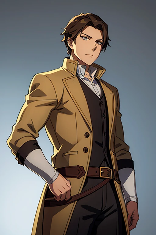 a illustration of a young male, white_shirt collared_shirt, tan, leather_armor, yellow_jacket folded_sleeves, breeches, leather_belt, medium_hair brown_hair curvy_hair, solo, cowboy_shoot, male_focus, simple_background, solo, final fantasy tactics, jrpg, demacia, vox machina style, dungeon_meshi