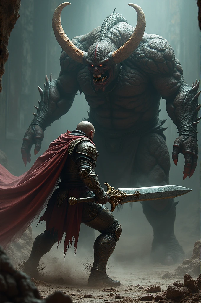 Bastian a human fighting the demon Moloch, Bastian is wearing armor similar to the characters similar to the riders from the Darksiders saga, and Moloch a large and corpulent demon, Wielding a sword.