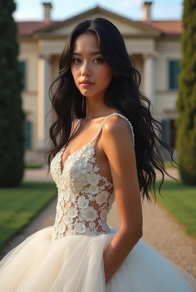 Beautiful woman, 22 years old, long black hair and intense blue eyes. She is wearing a luxurious wedding dress. behind her a luxurious mansion in Italy