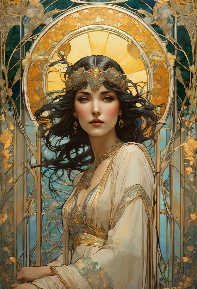 A forked path ,Art Nouveau style by Alphonse Mucha, intricate and detailed symbolism, ornate gold and silver metal frame, hidden motives and numerology, digital art high quality, cinematic dramatic lighting, bright coloured, work of art, (best qualityer,8k,high resolution,work of art:1.2),ultra detali,(realisitic,photorealisitic,photo-realisitic:1.37),conceptual artwork,digitalpainting