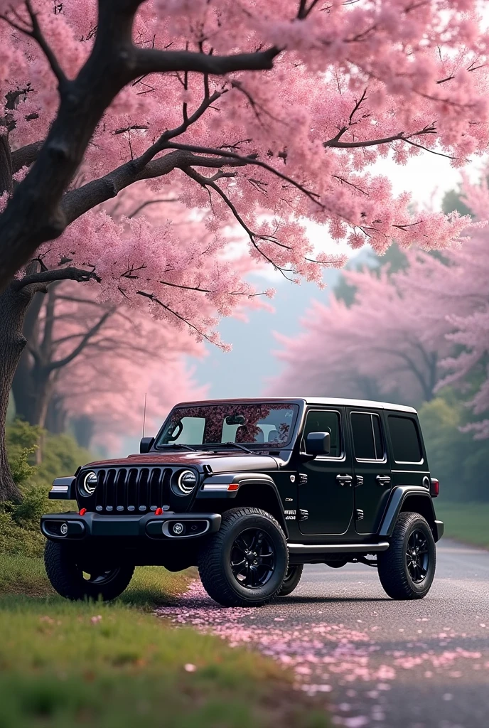 A black 2024 Jeep under a cherry tree in Japan