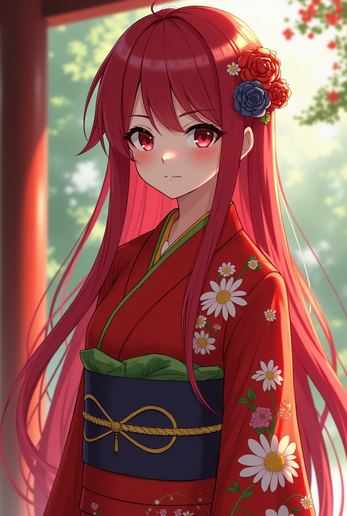 Create a female character from my hero academia With long red hair Dressed in a kimono Big eyes