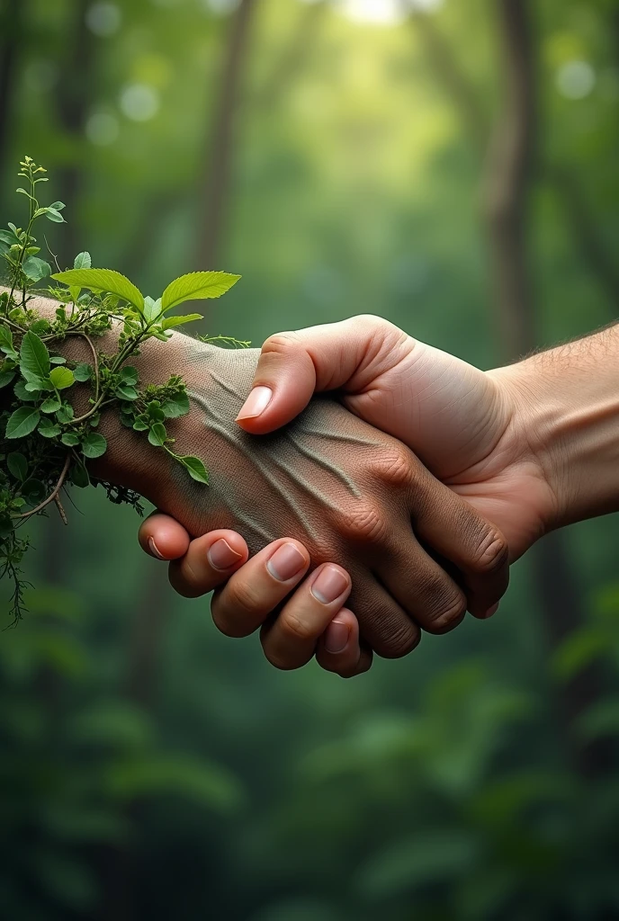 hand shaking another hand, that the first hand has an environmental effect and the other has a labor work effect I need more

