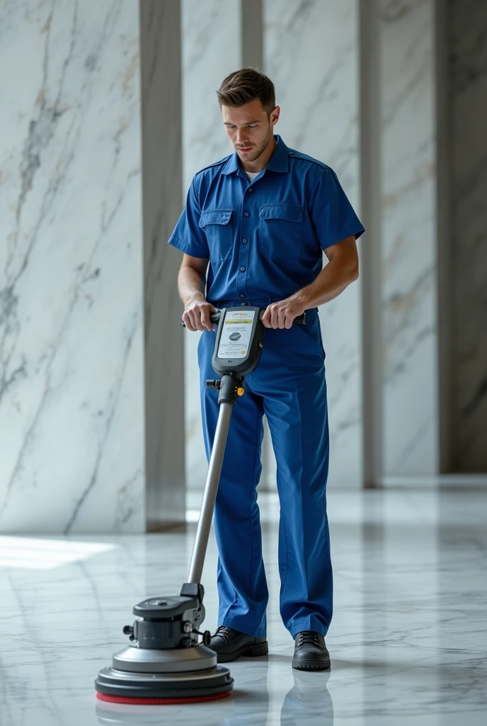 Young man in blue uniform polishing a granite floor 