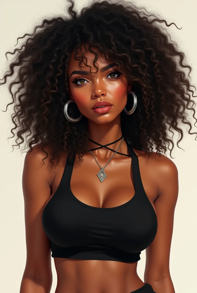 I want you to create a Brazilian woman with a black cropped top with eyebrow piercings, curly hair, and only showing from the belly up.
