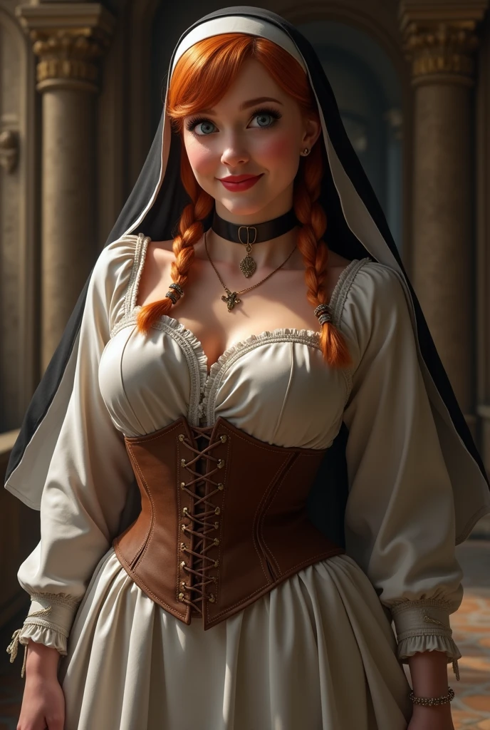 Hyper realistic masterpiece photographer, anna from frozen, astonishing fetish nun, standing up, spread knees, semi-naked, veil, lifting up gown right enough to expose a little of her lovely crotch, sexy face, sexy body, voluptuous, huge heavy enormous gigantic breasts, round cute sweet face, climax transport expression, round sexy ass, kawaii girl, look at viewer, sexy femdom, sweet lovely candid expression, fetish clothes, light_brown leather micro corset, stockings, bottomless, in an ancient castle, large breasts, pink nipples, excited, inviting big promising smile, ginger hair, two braids, hyper detailed realistic scene, closeup shot, dynamic natural pose, 