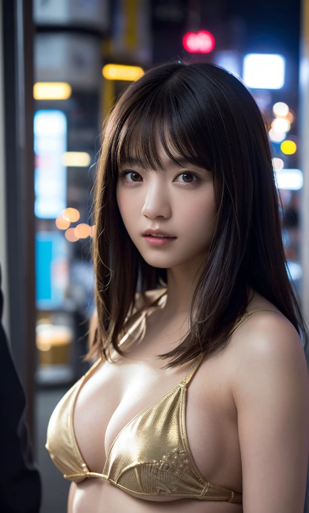 a woman covered in intricate white cybernetics, blue led lights, battle suit, cleavage, high tech, ultra high def, 32k, (Bikini Cyborg robot parts), (detailed:1.4), cyberpunk city background, rainy street, beautiful face, golden long hair, professional lighting, masterpiece, very delicate and beautiful, professional photograph, (smiling:0.5)