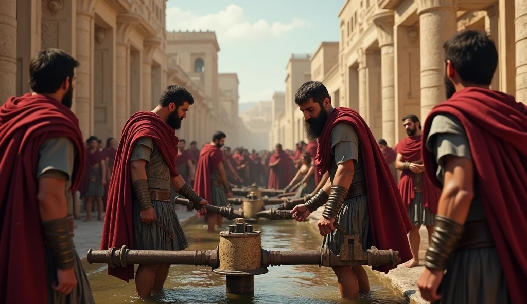  The Roman troops were subjected to a prolonged siege, and water supply became a major concern. 
[Images of ancient hydraulic devices and recreations of daily life in Alexandria]