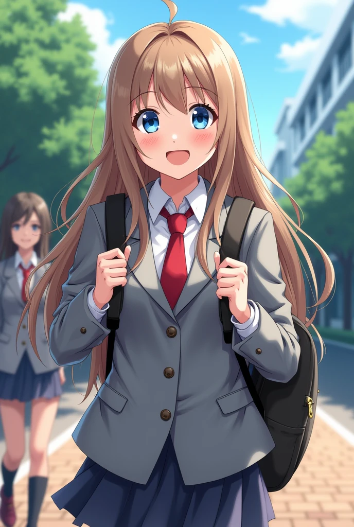 Girl with beautiful long light brown hair and light blue eyes with a cheerful expression is wearing a UA uniform (my hero academia) (The uniform is a white shirt over a grey jacket and a red tie in the background, a UA class) From my hero academia behind her is izuku midoriya and jiggle kirishima and she is carrying a backpack