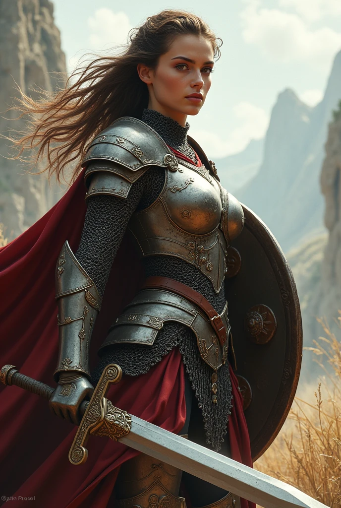 Generates an image of a beautiful young woman with an athletic body, with light brown eyes and brown hair. He wears a small chainmail armor, He carries a large sword and a shield