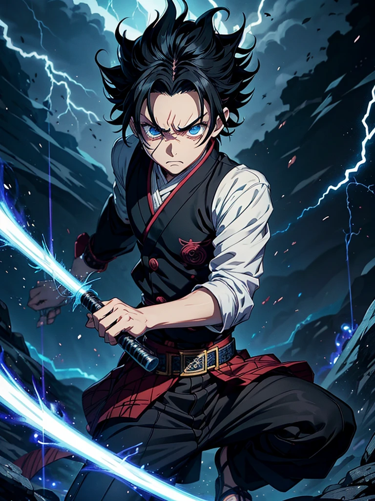 1boy, male focus, tanjiro kamado, kimetsu no yaiba, angry look, lightning around him, masterpiece, best quality, very aesthetic,