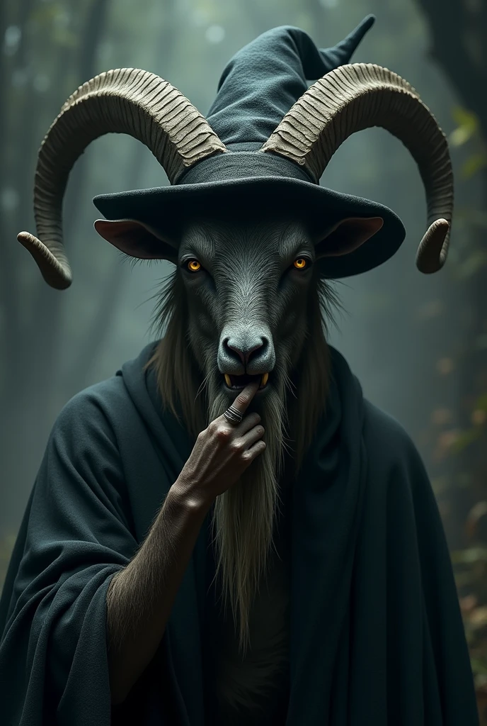 A goat with horns, an evil face, making a silence signal with its paw in its mouth and wearing a wizard's hat