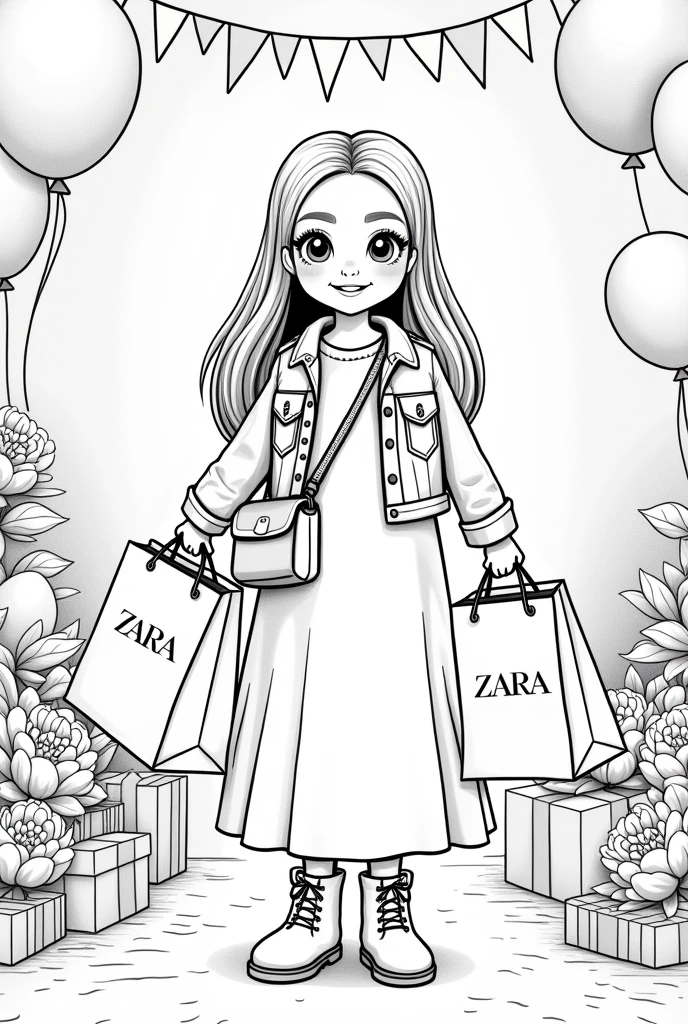 Create an illustration for a children's coloring book, which can be used in the Zara store. Leave the clothes and background without color., so that children can color them to their liking. A girl holds two Zara bags in her hands. Her hair is long, She is wearing a long straight dress and a short denim jacket with the front open.. Crossbody Bag. She's wearing Uggs on her feet..
The background contains birthday elements - balloons, Garlands, Gift Boxes, Bouquet of peonies