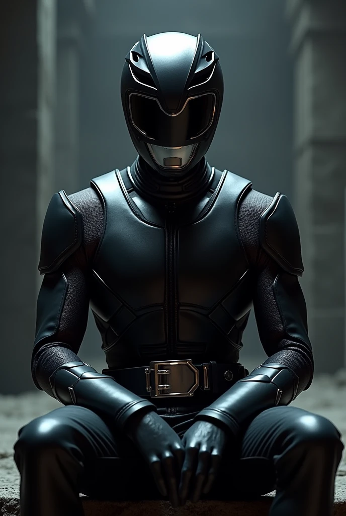 Johnny Yong Bosch as Adam park in his black power ranger suit with his helmet on sitting down 