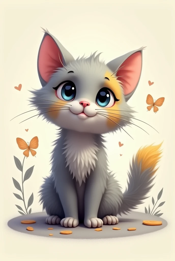 Create a furry cat, gray with small yellow details, in drawing dash