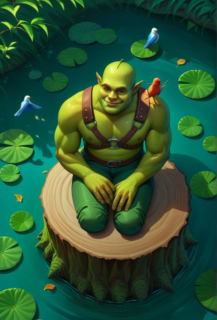 score_9, score_8_above, score_7_above, Alone, male focus,Shrek, green skin,scenery, arborist with harness, helmet with chin strap,lily pad, light smile,leaves, birds,sitting on a tree stump,outdoor 