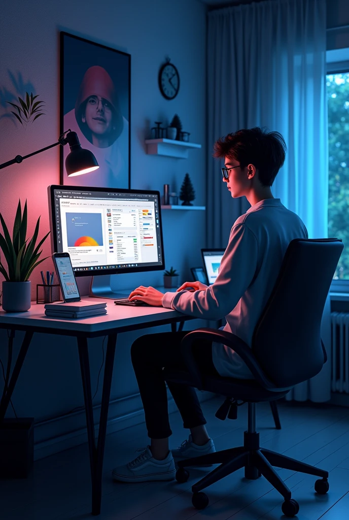 Cute graphic designer at the room with good system, at night with blue and pink lights, black and white room