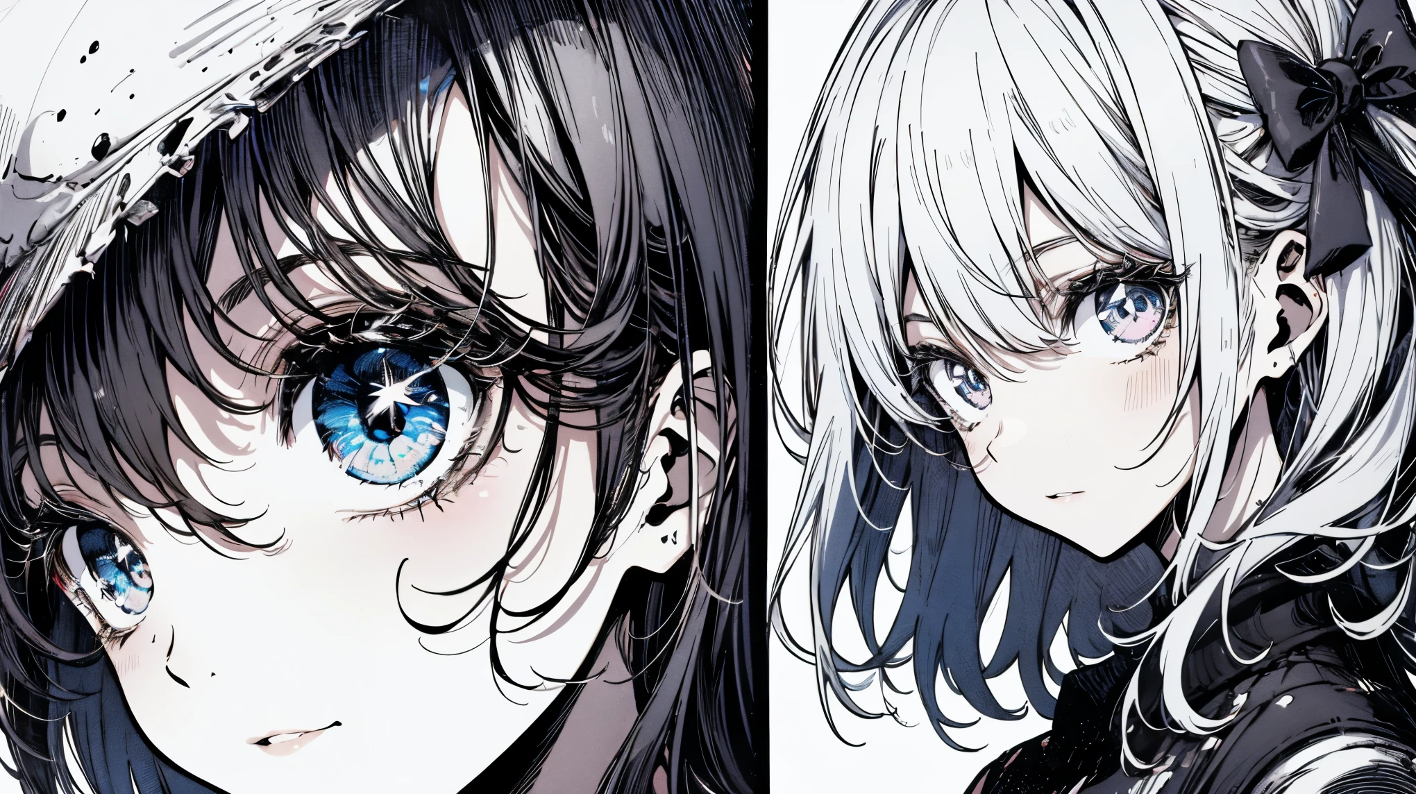 (highest quality,Tabletop:1.2),(Anime Style,Comic Core:1.1),One Girl,Upper Body,Adorable,Highly detailed eyes,Highly detailed face,Very fine hair,8k,Monochrome