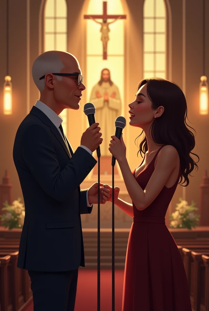 A couple singing in church together with 2 microphones A bald white guy, handsome and with glasses and his brunette wife on the side