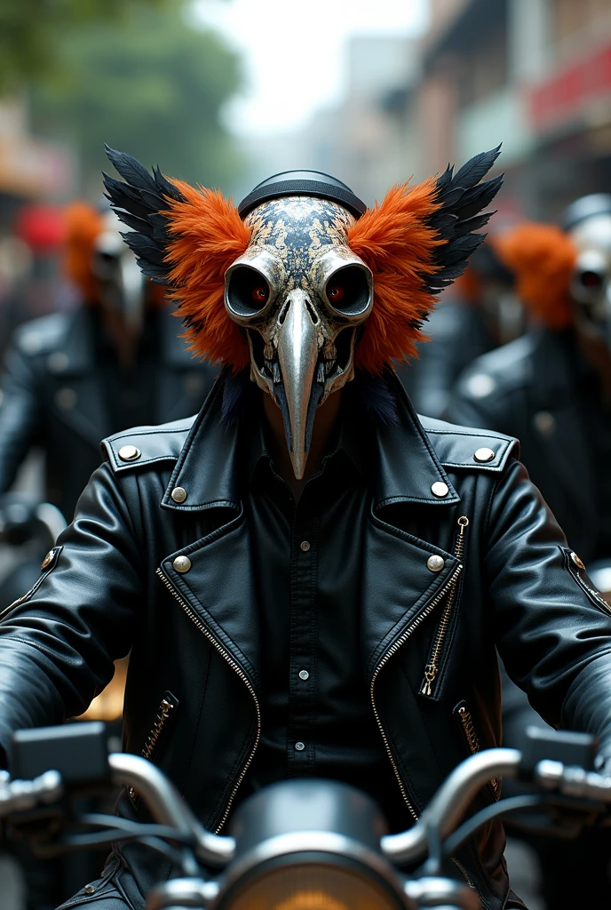 (photorealism:1.2), Tangara Riders, Furious Bird Skull, Paradise Tanager Colors, Winged Skull, Imposing Motorcycle Club, Black Leather Jacket, Vibrant Yet Dark, Fearless and Bold, Skull with Feathers, Dominance, Gualaquiza Pride, Rough and Rugged, Brotherhood, Ride or Die, Strength in Unity