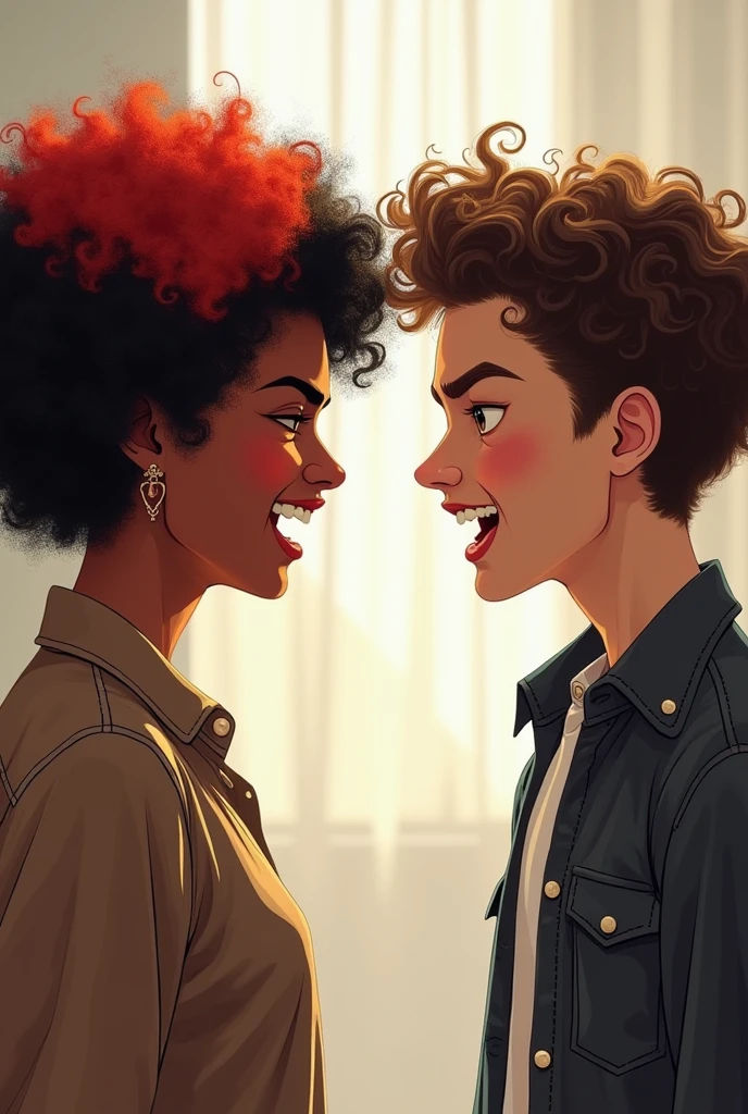 A white woman with curly red black power hair, a little chubby, arguing with a brown boy with curly finger hair, the girl is white and the boy is also white