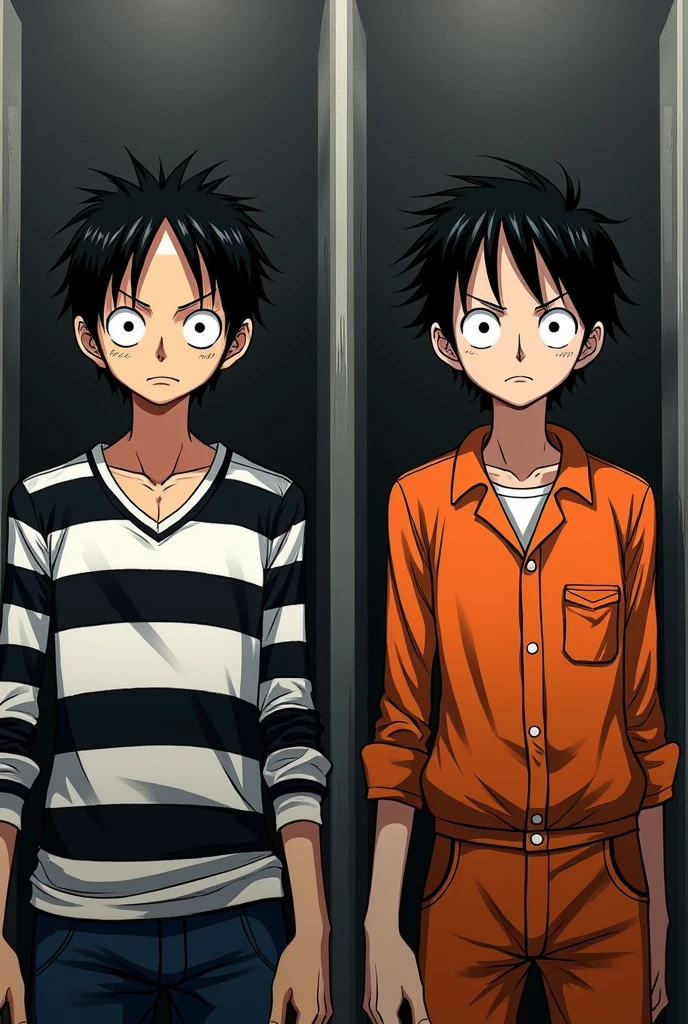 Monkey D. Luffy in a black and white striped long-sleeved prison uniform and Monkey D. .... Luffy in orange prison uniform Original anime One Piece