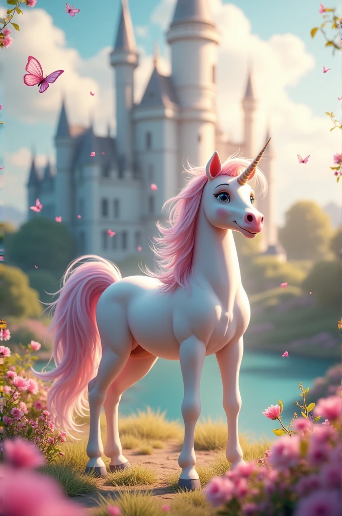 I want a female unicorn with a castle behind it, really cute