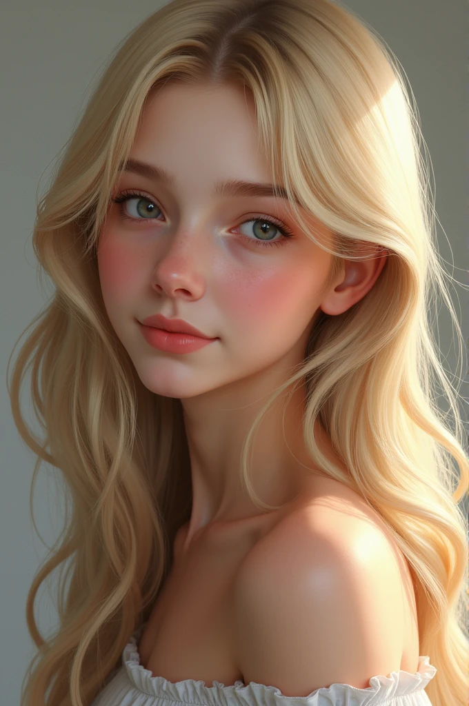 A girl blond hair looking like a real life human and 19 year old
