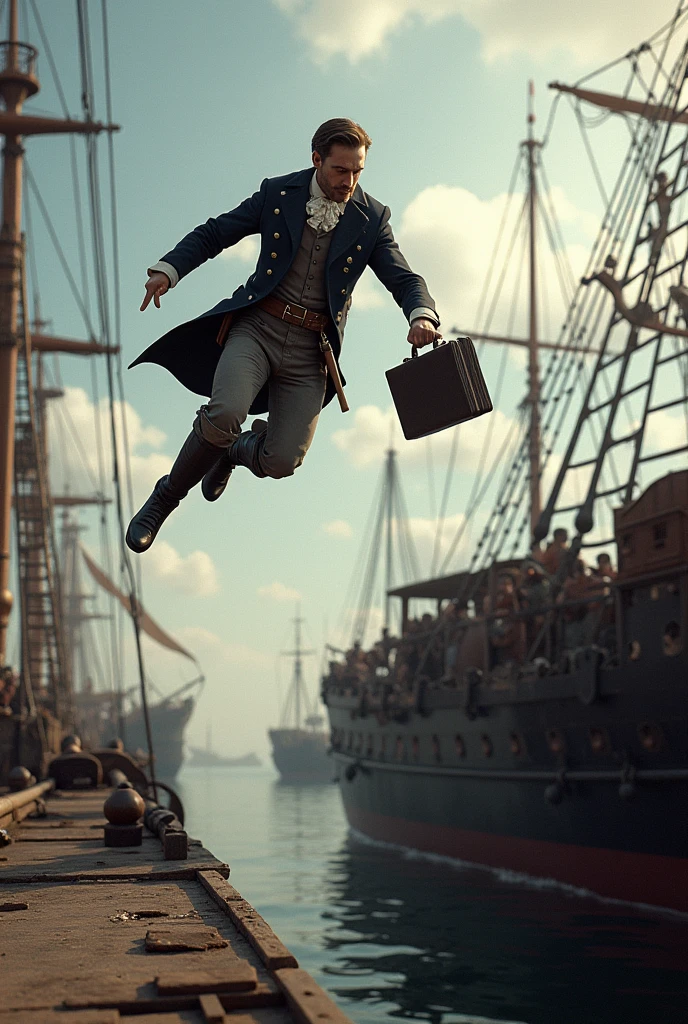 A man, white, with a suitcase, in the year 1812, from some improvised planks that they had put together for loading, He leapt with the agility of a well-trained soldier until he was planted on the hard deck., a few centimeters from the edge.