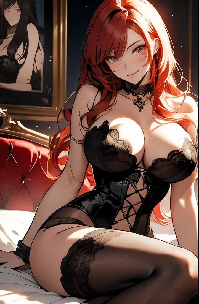 Anime, a glamour shot of a smiling Rias Gremory (Red hair), enormous breasts, big ass, Sitting demurely with her legs crossed on her bed, leaning toward the viewer, cowgirl, with Smokey eyes and knowing smile wearing a strapless sheer lace corset, white lace stockings, insanely detailed face and eyes, intricate, hyper-detailed bedroom, digital illustration, masterpiece, beautiful eyes, atmospheric lighting, centered, perfect anatomy, glowing eyes, candid portrait, clear, very detailed, smooth, sharp focus, focused on the viewer