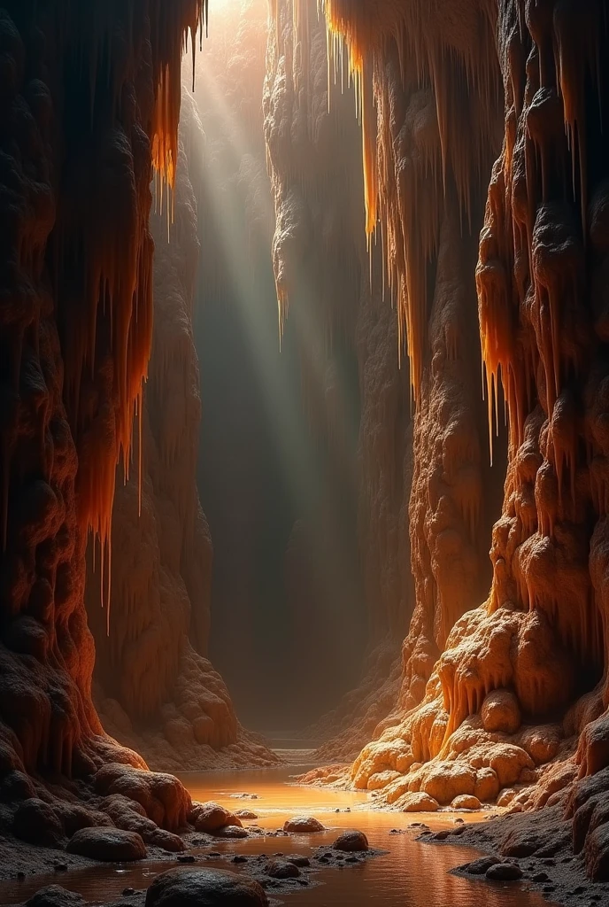 Giant cave in height and width, with dark chocolate brown walls, with large honey-colored caramel stalactites , and without any natural light, and dark, and no entry or exit, underground cave with no entrances or exits 