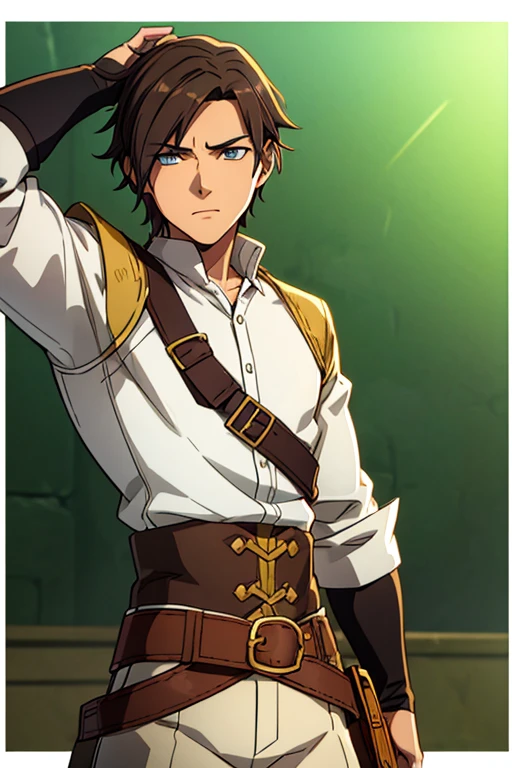 a illustration of a young male, white_shirt collared_shirt, tan, leather_armor, yellow_jacket folded_sleeves, yellow_pants breeches, leather_belt, medium_hair brown_hair curvy_hair, solo, cowboy_shoot, male_focus, simple_background, solo, final fantasy tactics, jrpg, demacia, vox machina style, dungeon_meshi