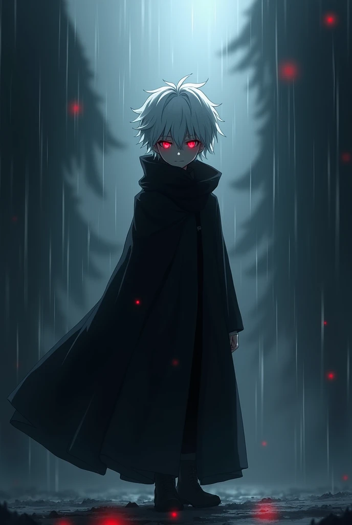 An anime style boy, dressed in a black cloak and white hair, glowing red eyes and he&#39;s in the distance looking at the ground, and it's raining