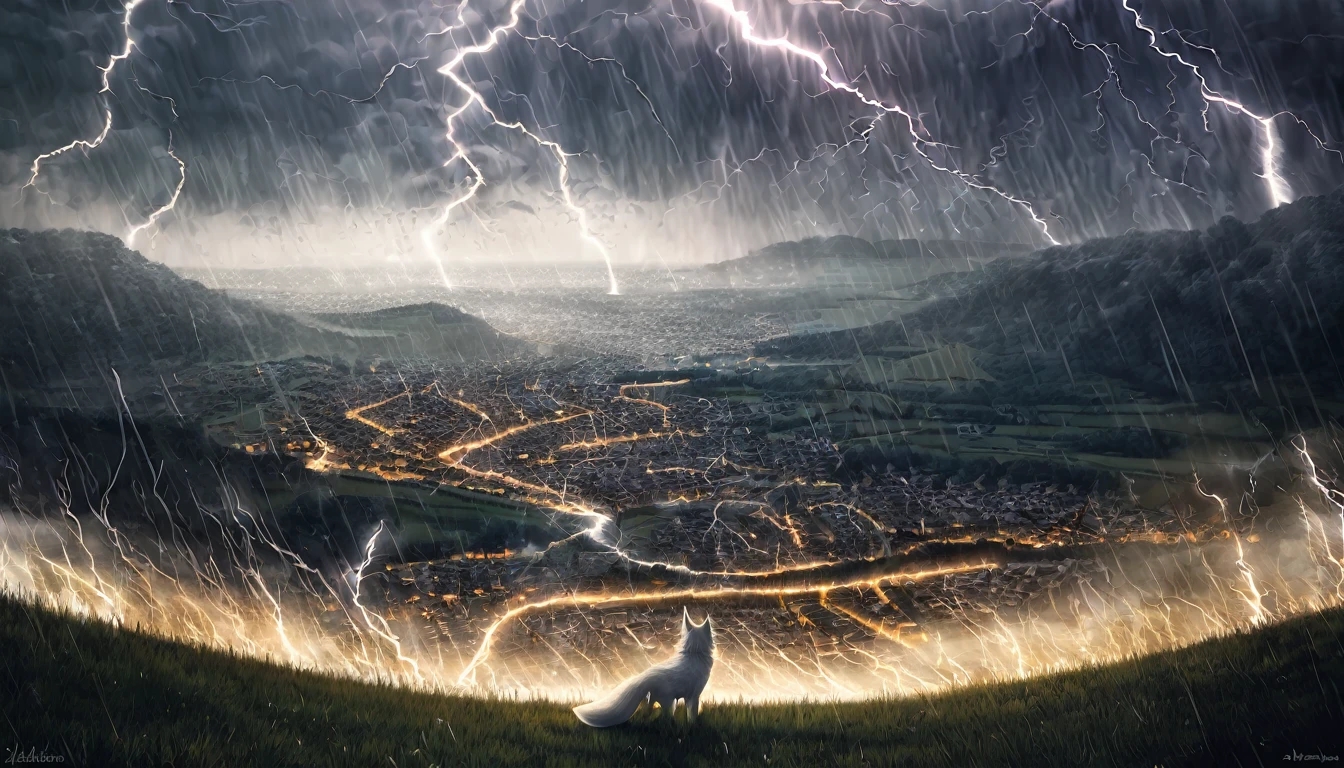 Cute white fox beastman, Are crying, heavy rain, thunder, lightning, spark, Halation, On a hill overlooking a rural town, (Super detailed, The absolute solution, Highest quality:1.3), 2.5D, delicate and dynamic, artistic, Hyper, Graphics CG Digital Art