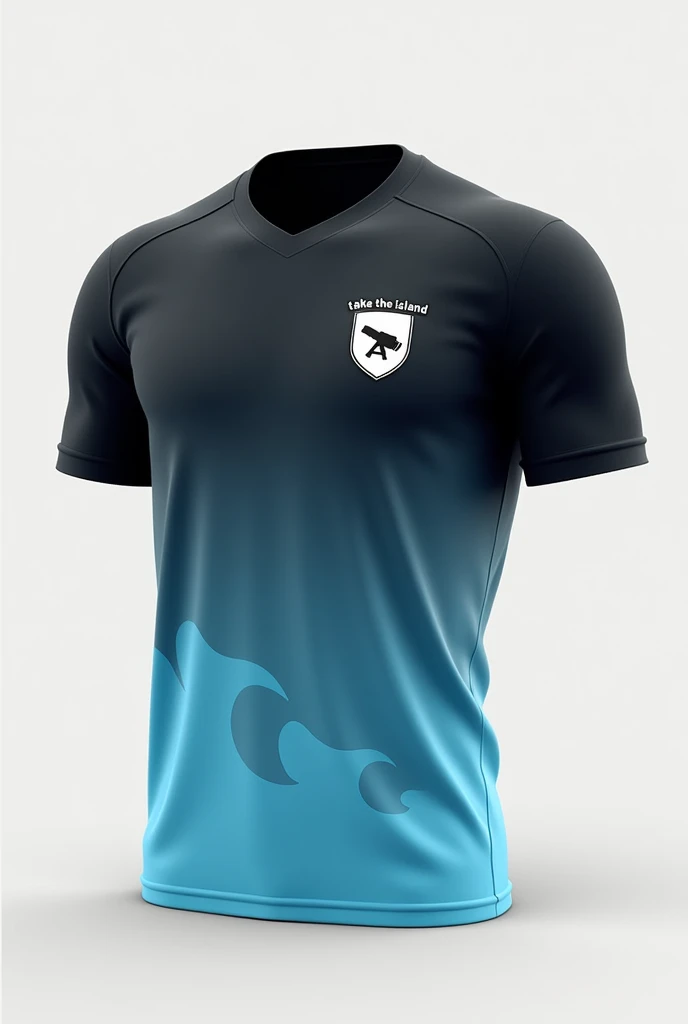 Men's volleyball shirt in black and baby blue with a gradient with a cannon inside the shirt shield on the left side and waves on the lower left side, minimalist leave more time with the shield aside, take the island, make the wave more minimalist, make it more black on top and baby blue on the bottom