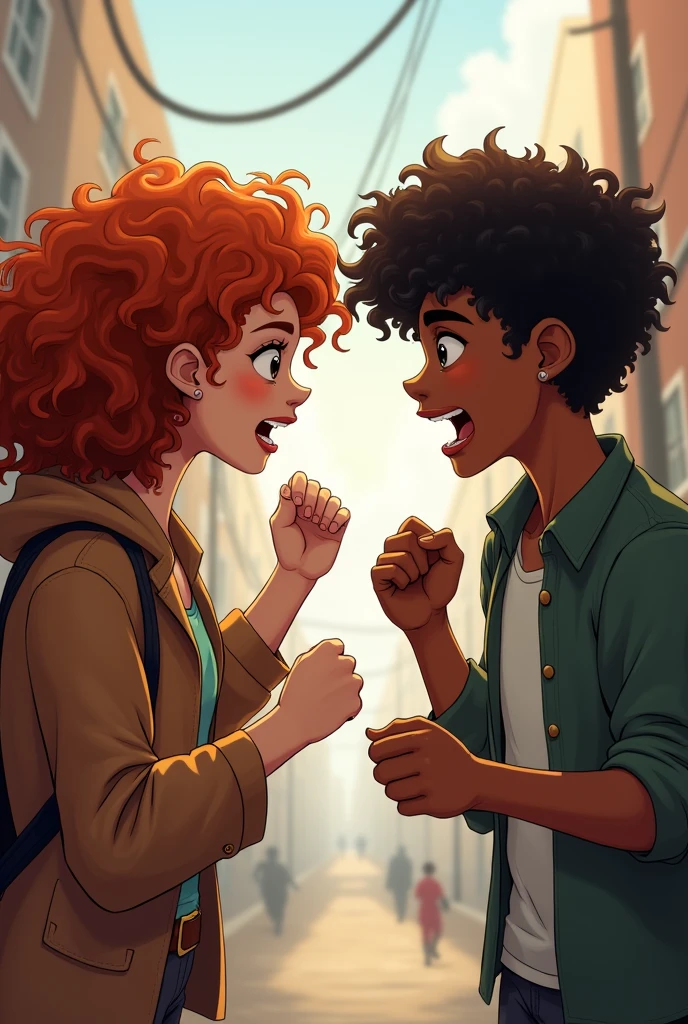 A white woman with curly red hair, a little chubby, arguing with a brown boy with curly hair., the girl is white and the boy is also white