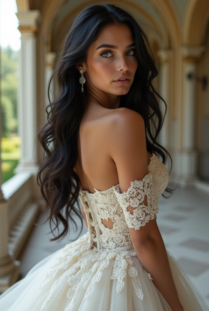 Beautiful woman, 22 years old, long black hair and intense blue eyes. She is wearing a luxurious wedding dress. behind her a luxurious mansion in Italy