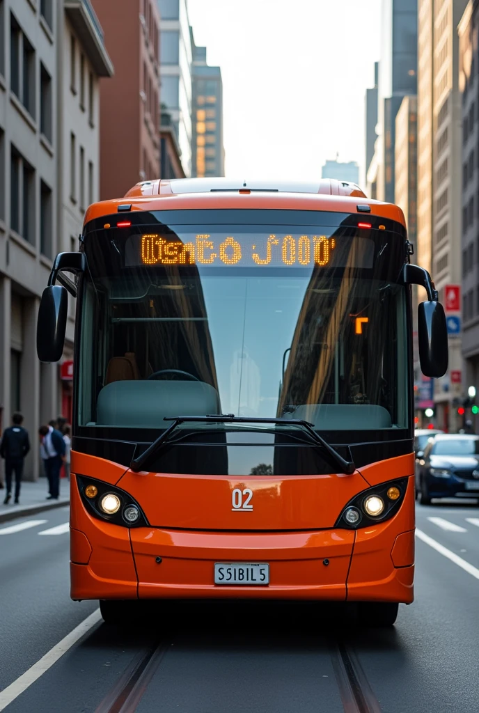 Orange Bus written on the sign: 002 Osasco