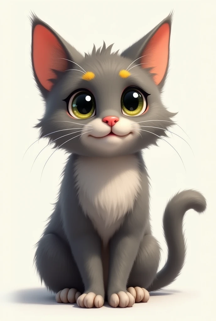 Create a furry cat, gray with small yellow details, in animation line, most realistic