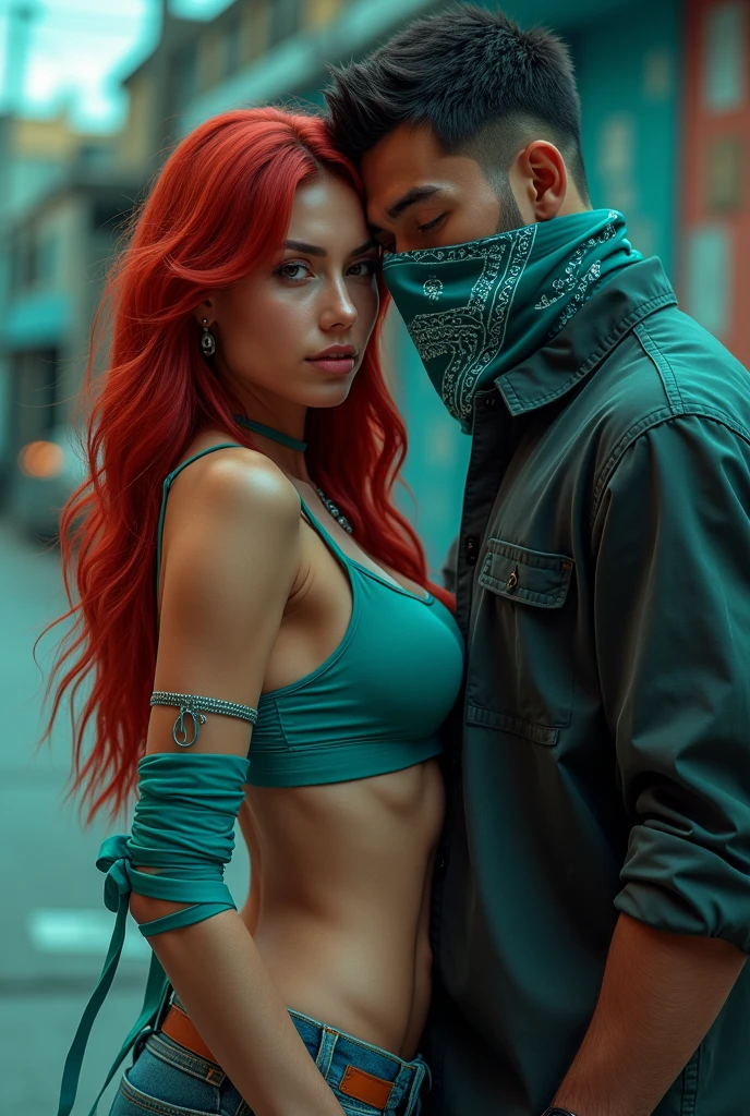 gta 5 style beautiful woman long red hair wearing a teal crop top and teal bandana tied to her arm leaning into a white man with black and grey short hair wearing jeans and a teal bandana as a mask
 
