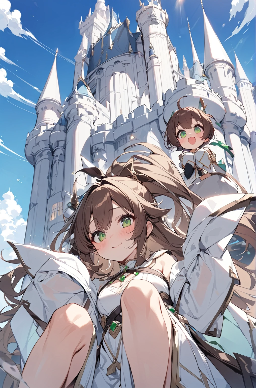 masterpiece quality,Highest Quality Assurance。brown hair、cute girl with green eyes。Tsundere,Wearing a fantasy clothes,exude magical power,white dress,smile,adorable,during the day,white castle tower,((adult)),