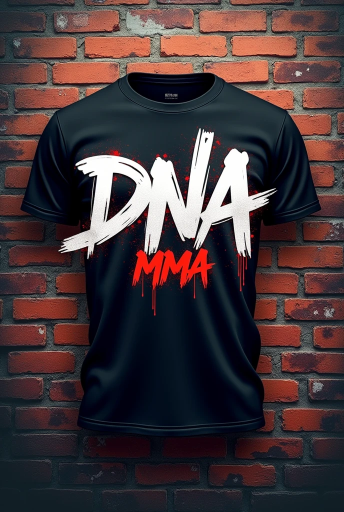 Create a mockup of a t-shirt with written on the chest DNA MMA in graffiti with bricks background
