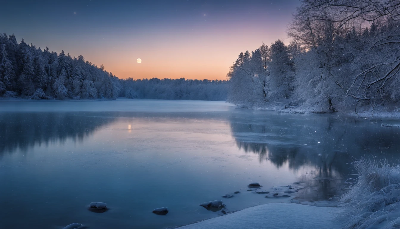 frozen lake lake, night, stars in the sky, moon, severe frost, frost, snowing, 4k, high resolution, high detail, random angle, hyperrealism, 300mm, f/10.0,1/1600ms, HDR